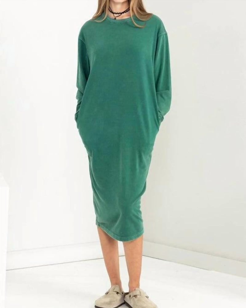 Front of a model wearing a size Large Long Sleeve Midi Sweatshirt Dress In Pine Green in Pine Green by HYFVE. | dia_product_style_image_id:346416